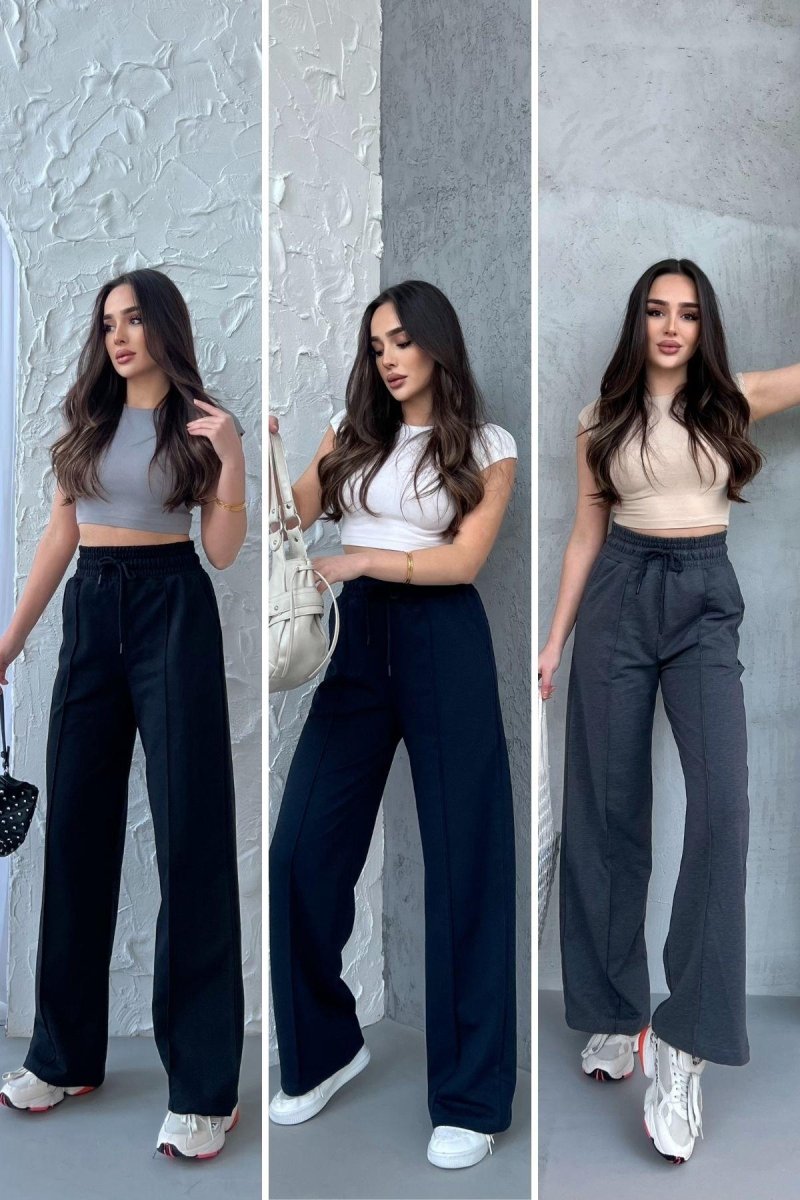 Siyah - Lacivert - Antrasit Kadın Mevsimlik Salaş Geniş Paça Yüksek Bel 3'lü Eşofman Altı - MMETALIC