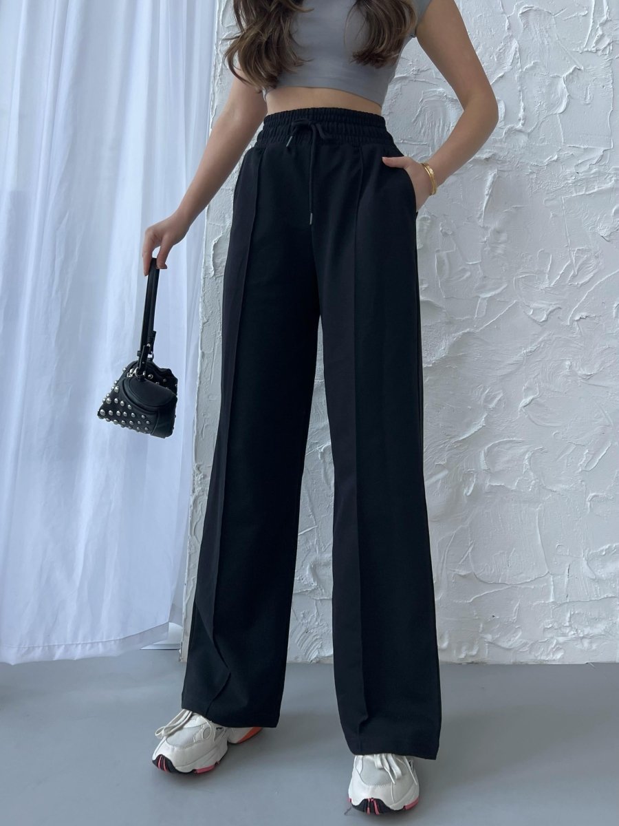 Siyah - Lacivert - Antrasit Kadın Mevsimlik Salaş Geniş Paça Yüksek Bel 3'lü Eşofman Altı - MMETALIC