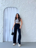 Siyah - Lacivert - Antrasit Kadın Mevsimlik Salaş Geniş Paça Yüksek Bel 3'lü Eşofman Altı - MMETALIC