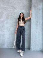 Siyah - Lacivert - Gri - Antrasit Kadın Mevsimlik Salaş Geniş Paça Yüksek Bel 4'lü Eşofman Altı - MMETALIC