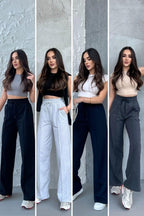 Siyah - Lacivert - Gri - Antrasit Kadın Mevsimlik Salaş Geniş Paça Yüksek Bel 4'lü Eşofman Altı - MMETALIC