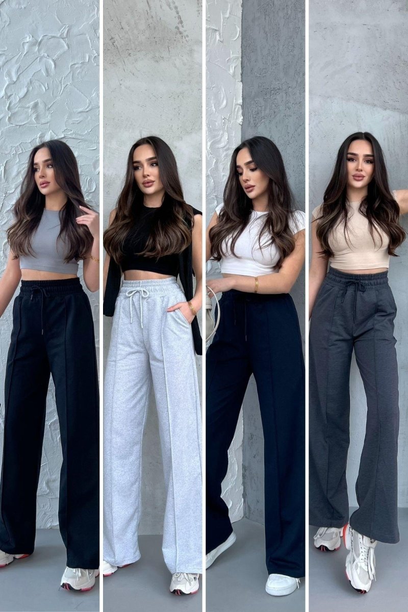 Siyah - Lacivert - Gri - Antrasit Kadın Mevsimlik Salaş Geniş Paça Yüksek Bel 4'lü Eşofman Altı - MMETALIC