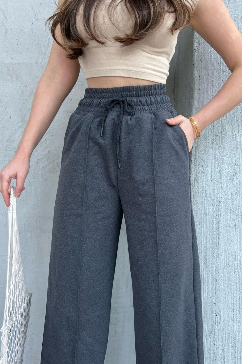 Siyah - Lacivert - Gri - Antrasit Kadın Mevsimlik Salaş Geniş Paça Yüksek Bel 4'lü Eşofman Altı - MMETALIC