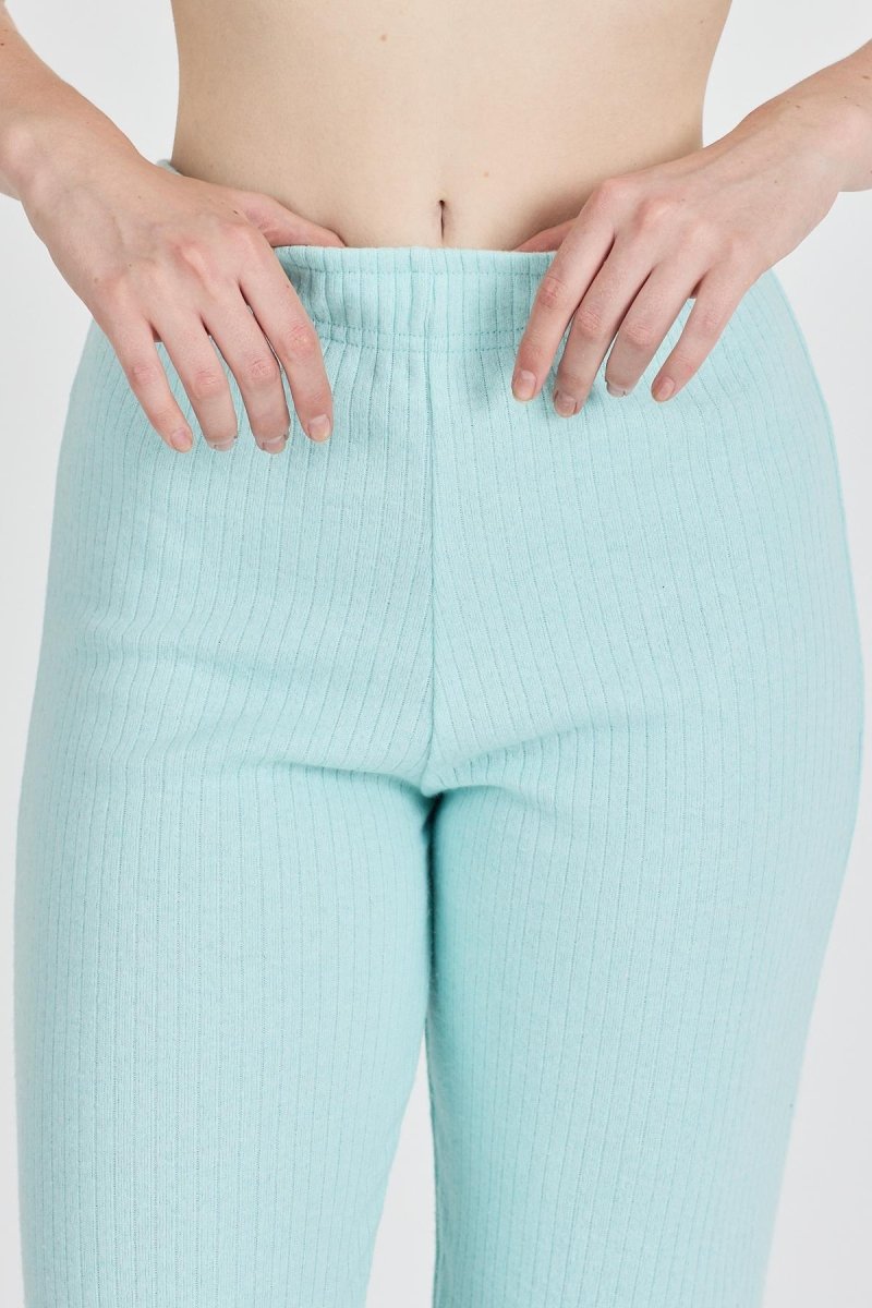 Su Yeşili Fitilli Geniş Paça Pamuklu İnce Yüksek Bel Kadın Eşofman Altı - MMETALIC
