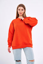 Turuncu Kadın Pamuklu Oversize Basic Bisiklet Yaka Sweatshirt - MMETALIC