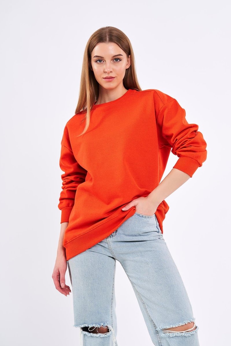 Turuncu Kadın Pamuklu Oversize Basic Bisiklet Yaka Sweatshirt - MMETALIC