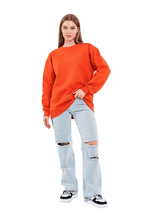 Turuncu Kadın Pamuklu Oversize Basic Bisiklet Yaka Sweatshirt - MMETALIC