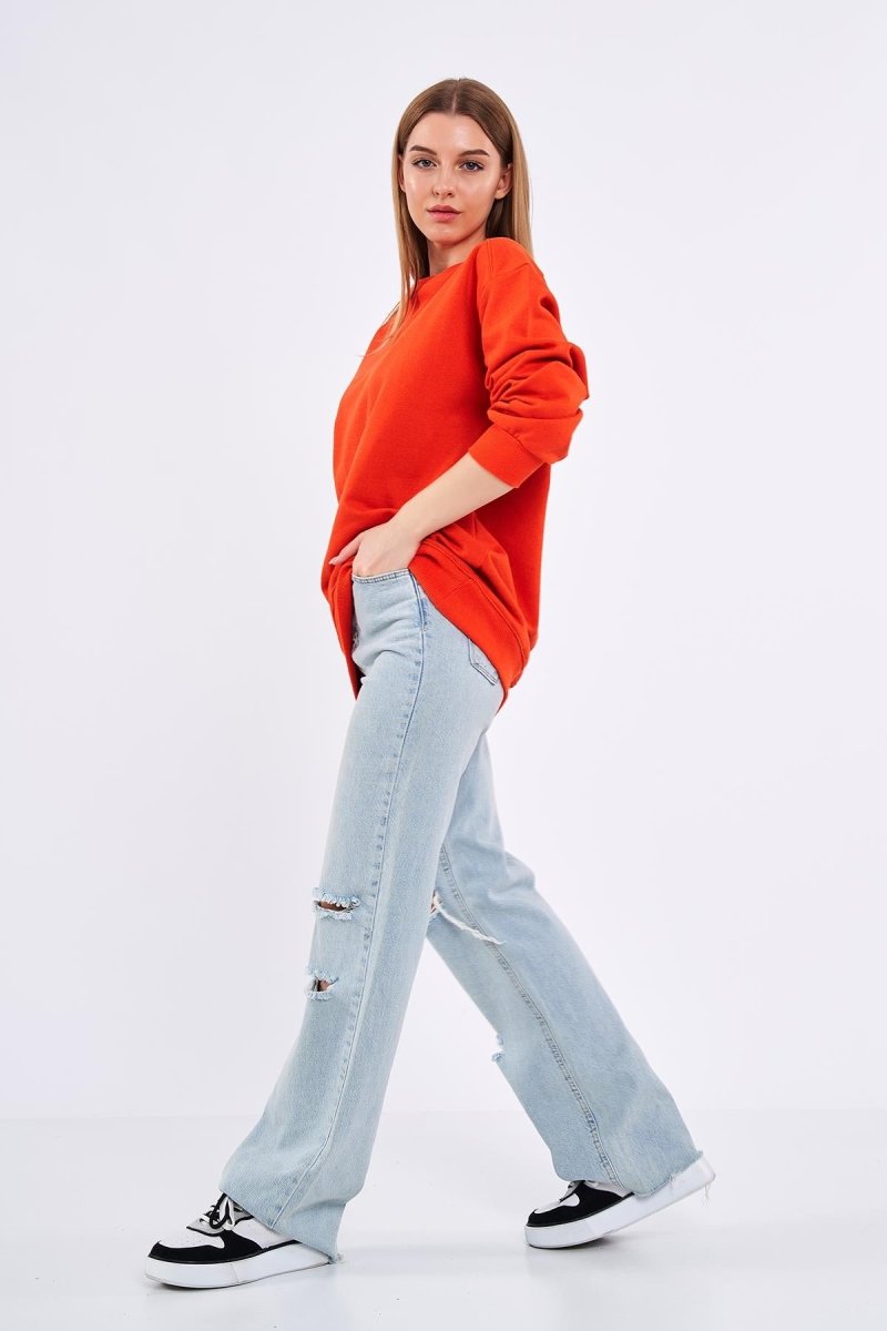 Turuncu Kadın Pamuklu Oversize Basic Bisiklet Yaka Sweatshirt - MMETALIC