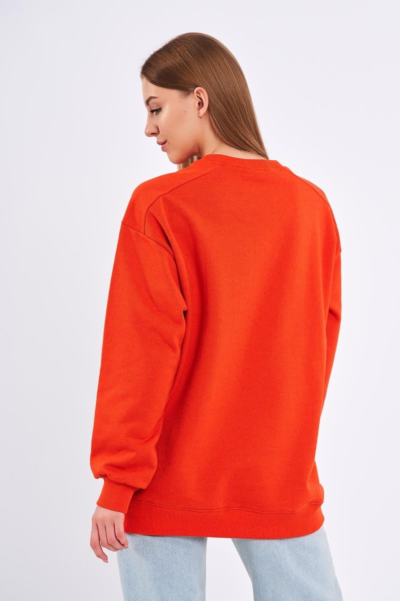 Turuncu Kadın Pamuklu Oversize Basic Bisiklet Yaka Sweatshirt - MMETALIC
