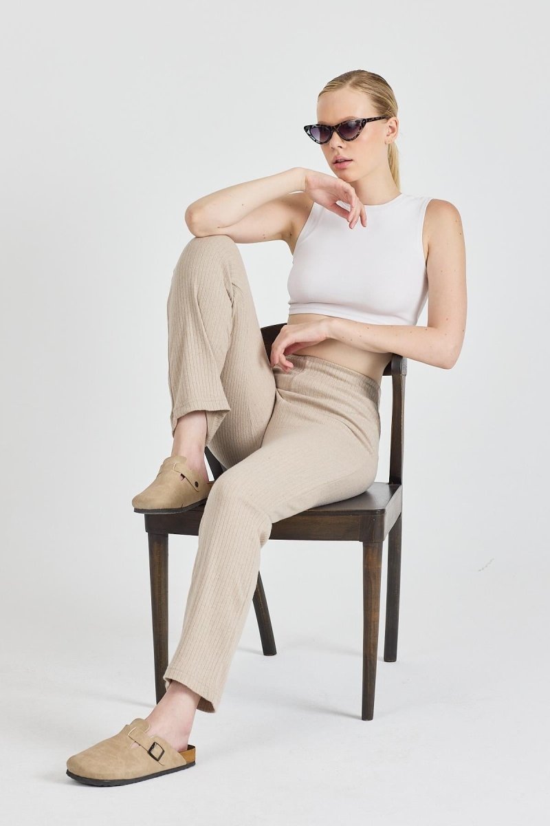 Vizon Fitilli Geniş Paça Pamuklu İnce Yüksek Bel Kadın Eşofman Altı - MMETALIC