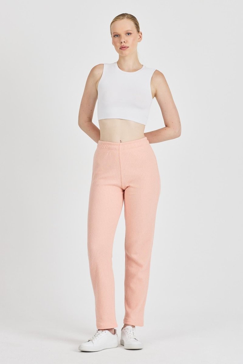 Yavruağzı Fitilli Geniş Paça Pamuklu İnce Yüksek Bel Kadın Eşofman Altı - MMETALIC