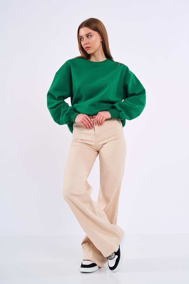 Yeşil Kadın Pamuklu Oversize Basic Bisiklet Yaka Sweatshirt - MMETALIC