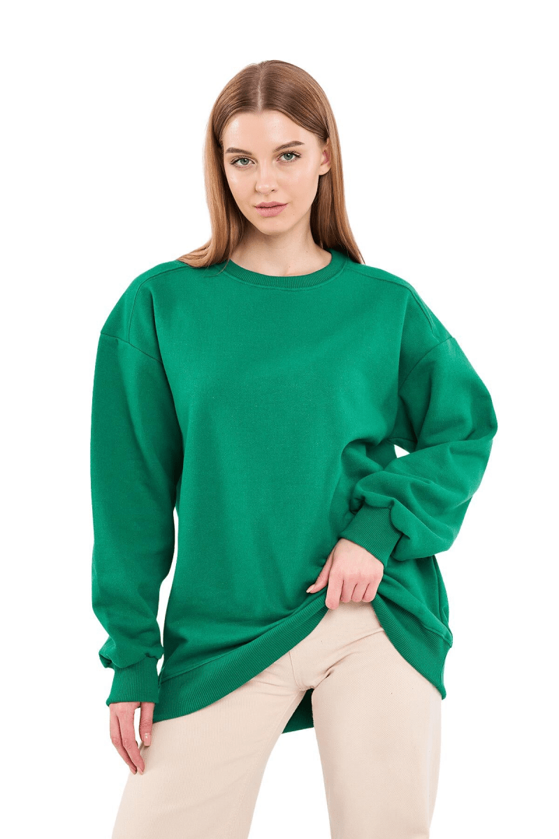 Yeşil Kadın Pamuklu Oversize Basic Bisiklet Yaka Sweatshirt - MMETALIC