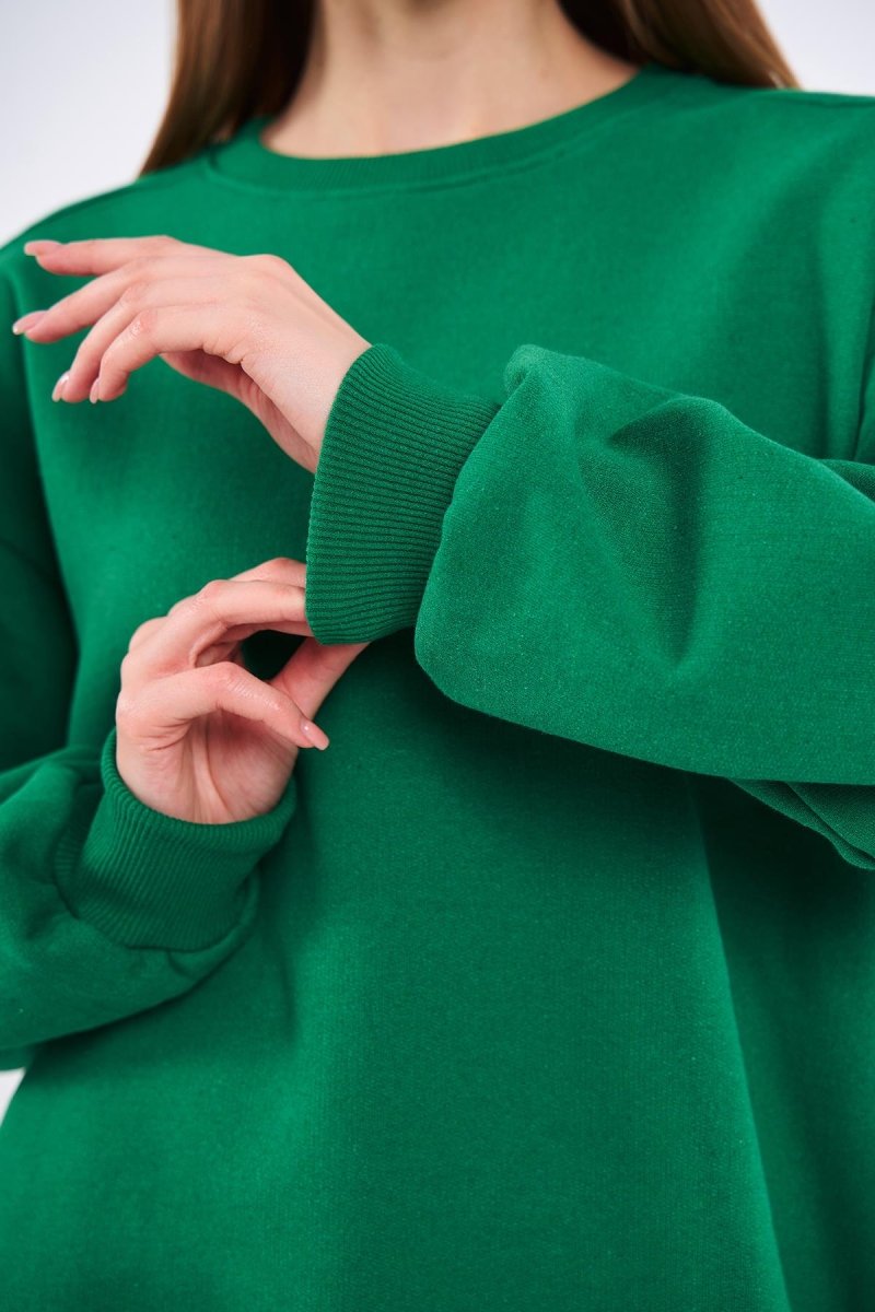 Yeşil Kadın Pamuklu Oversize Basic Bisiklet Yaka Sweatshirt - MMETALIC