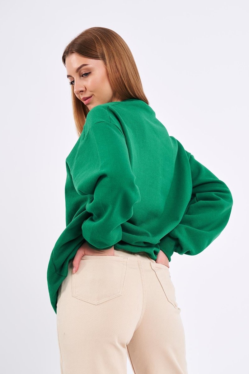 Yeşil Kadın Pamuklu Oversize Basic Bisiklet Yaka Sweatshirt - MMETALIC