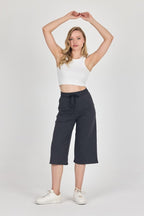 Yüksek Bel Cepli Rahat Kesim Mevsimlik Kadın Diz Altı 2'li Bermuda Siyah - Antrasit Kapri Şort - MMETALIC