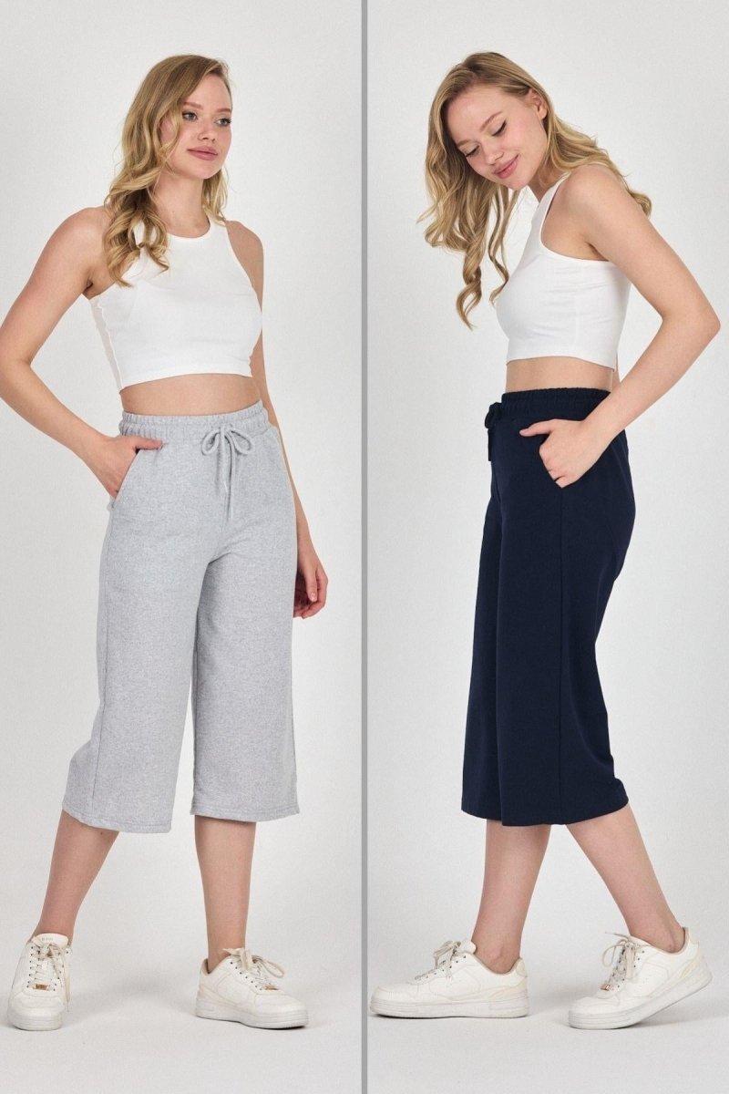 Yüksek Bel Cepli Rahat Kesim Mevsimlik Kadın Diz Altı 2'li Bermuda Siyah - Antrasit Kapri Şort - MMETALIC