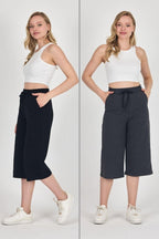 Yüksek Bel Cepli Rahat Kesim Mevsimlik Kadın Diz Altı 2'li Bermuda Siyah - Antrasit Kapri Şort - MMETALIC