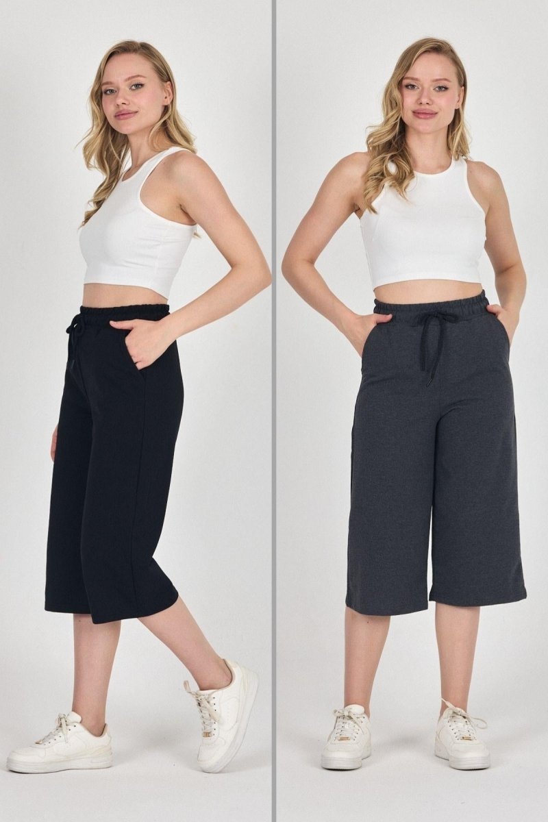 Yüksek Bel Cepli Rahat Kesim Mevsimlik Kadın Diz Altı 2'li Bermuda Siyah - Antrasit Kapri Şort - MMETALIC