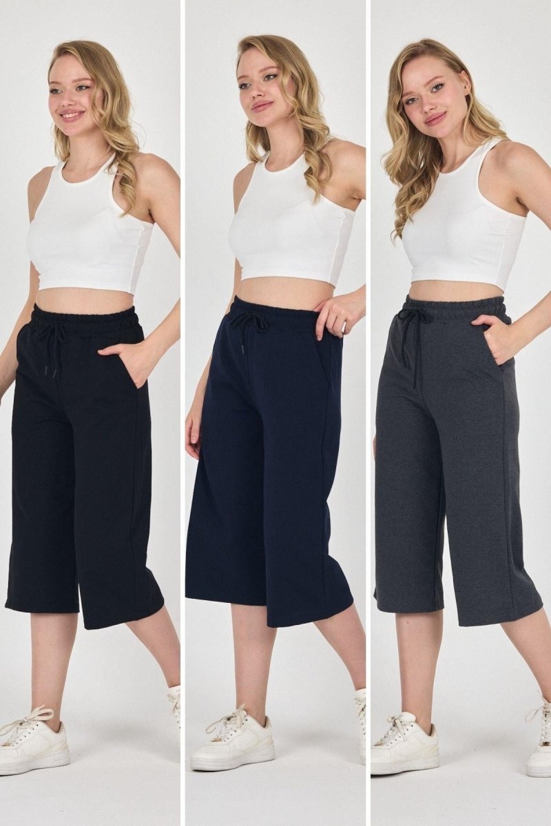 Yüksek Bel Cepli Rahat Kesim Mevsimlik Kadın Diz Altı 3'lü Bermuda Siyah - Lacivert - Antrasit Kapri Şort - MMETALIC