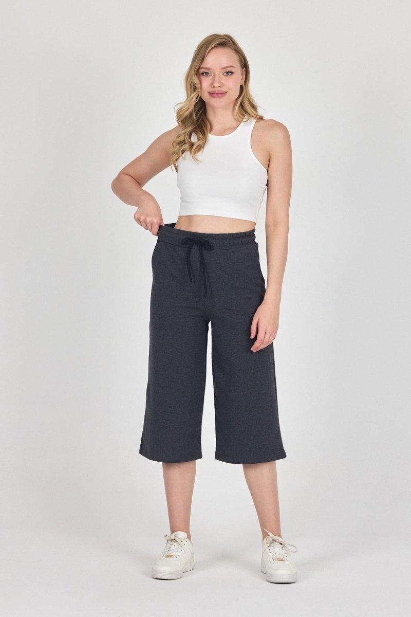 Yüksek Bel Cepli Rahat Kesim Mevsimlik Kadın Diz Altı 3'lü Bermuda Siyah - Lacivert - Antrasit Kapri Şort - MMETALIC