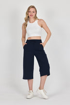 Yüksek Bel Cepli Rahat Kesim Mevsimlik Kadın Diz Altı Bermuda Lacivert Kapri Şort - MMETALIC