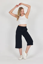 Yüksek Bel Cepli Rahat Kesim Mevsimlik Kadın Diz Altı Bermuda Siyah Kapri Şort - MMETALIC