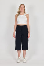 Yüksek Bel Cepli Rahat Kesim Mevsimlik Kadın Diz Altı Bermuda Siyah Kapri Şort - MMETALIC