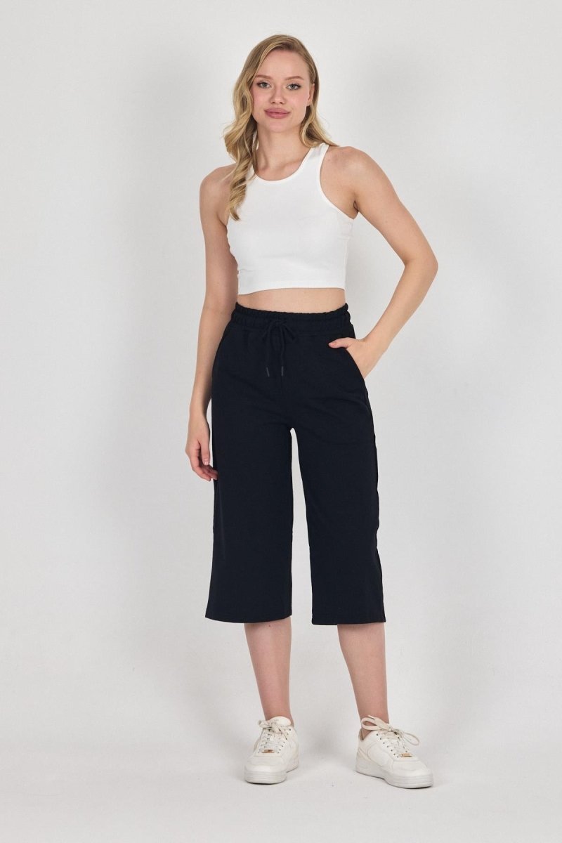 Yüksek Bel Cepli Rahat Kesim Mevsimlik Kadın Diz Altı Bermuda Siyah Kapri Şort - MMETALIC