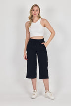 Yüksek Bel Cepli Rahat Kesim Mevsimlik Kadın Diz Altı Bermuda Siyah Kapri Şort - MMETALIC